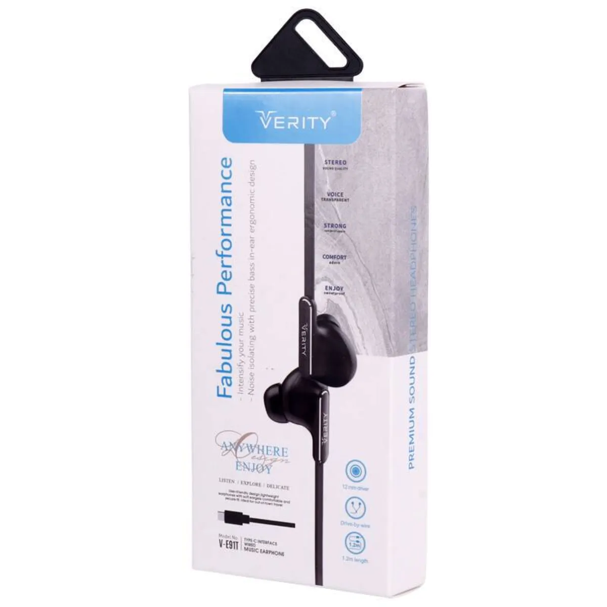 هندزفری سیمی وریتی V‑E91T با صدای شفاف، طراحی ارگونومیک و کابل مقاوم؛ مناسب مکالمه، موسیقی و استفاده روزمره با اتصال ۳.۵ mm.