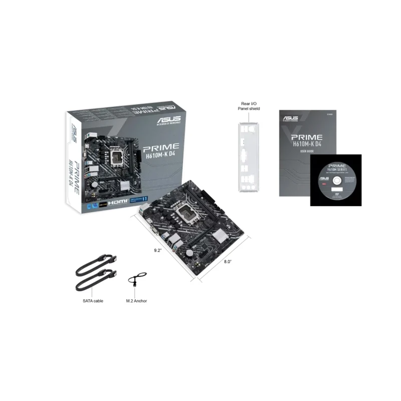 مادربرد ASUS Prime H610M-K D4 با طراحی جمع‌وجور و پشتیبانی از حافظه DDR4، انتخابی مناسب برای سیستم‌های خانگی و گیمینگ سبک.
